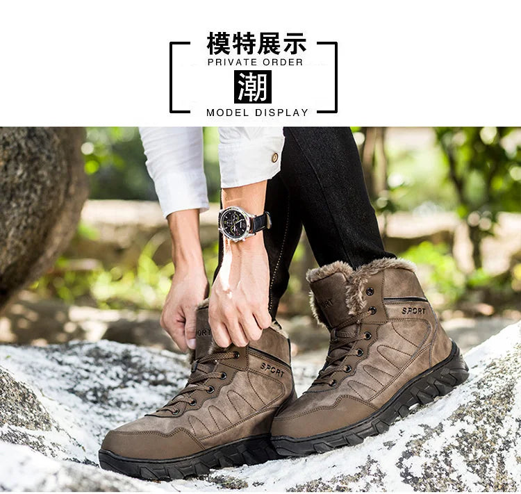 Men's Winter Snow Boots Leather Fabric Thickened Plush Shoes Extra Large Outdoor Mountaineering Anti Slip Training Shoes 39-48