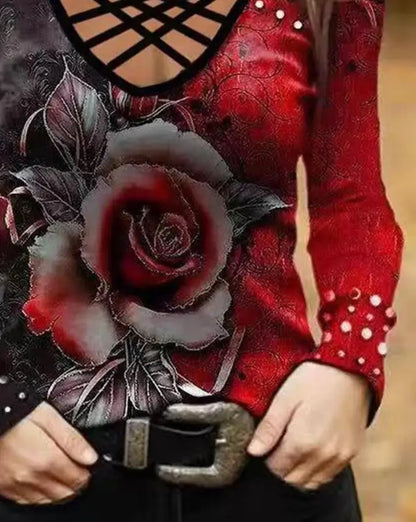 Sexy Blouses Pullover Tops Cold Shoulder Contrast Lace Beaded Top 2023 Autumn Winter Spring New Fashion Casual
