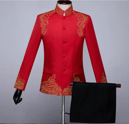 New Men Standing Collar Embroidered Suit 2 Piece Fashion Male Business Social Wedding Prom Stage Performance Dress Blazer Pant