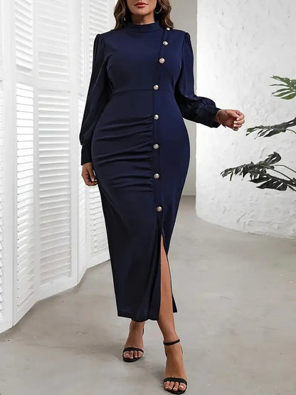 Plus Size Autumn Long Split Dress Women Ruffle Pleated Fashion Slim High Waist Bodycon Ladies Dresses Long Sleeve Woman Dress