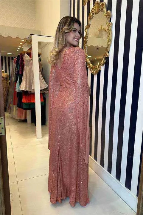 Autumn Winter Luxurious Sexy Sequins Cocktail Party Dress Prom Gown Cloak Sleeve V Neck Folds Corset Evening Floor Length Dress