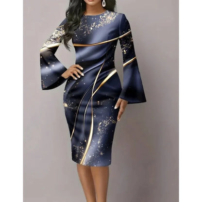 Women's Elegant Bodycon Dress with Flared Sleeves Unique Blue & Gold Metallic Swirl Print Boho Chic Midi Dress for Night Out
