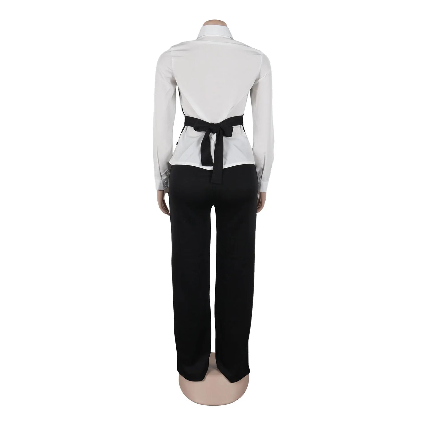 HLJ Elegant Lady Patchwork Shirts Two Piece Sets Women Lapel Long Sleeve Button Top And Pants Outfits Autumn OL 2pcs Clothing