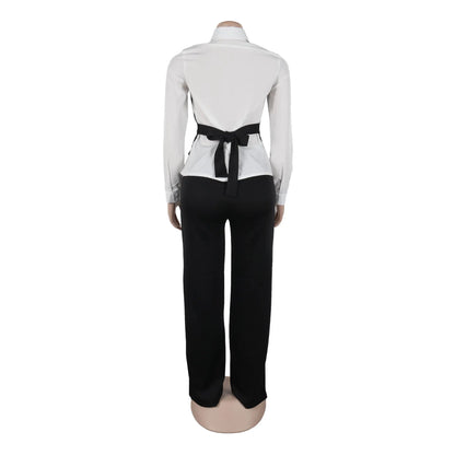 HLJ Elegant Lady Patchwork Shirts Two Piece Sets Women Lapel Long Sleeve Button Top And Pants Outfits Autumn OL 2pcs Clothing