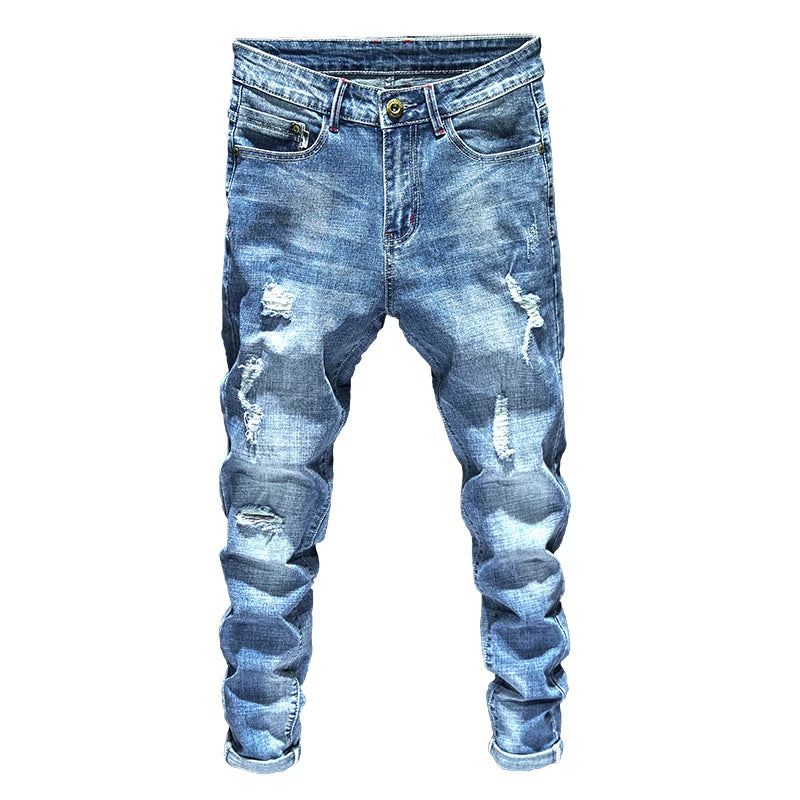 Men Stretch Slim Ripped Jeans Hip Hop Streetwear Korean Vintage Distressed Little Feet Pants Personality Male Trousers