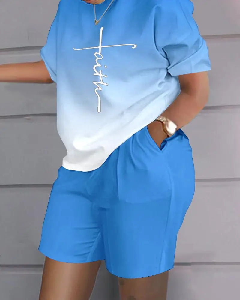 Casual Loose Short Sleeve Tshirt Shorts Set Office Lady Summer Fashion O-neck Colorful Print Two Piece Set Women Outfit 2023