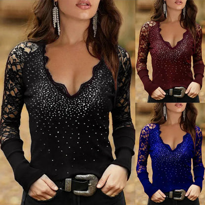 Women Lace Patchwork Sequined T-shirts Female Crew V Neck Long Sleeve Lace Crochet Hollow Out Bling Zircon Tee Tops YEDFS-X2109