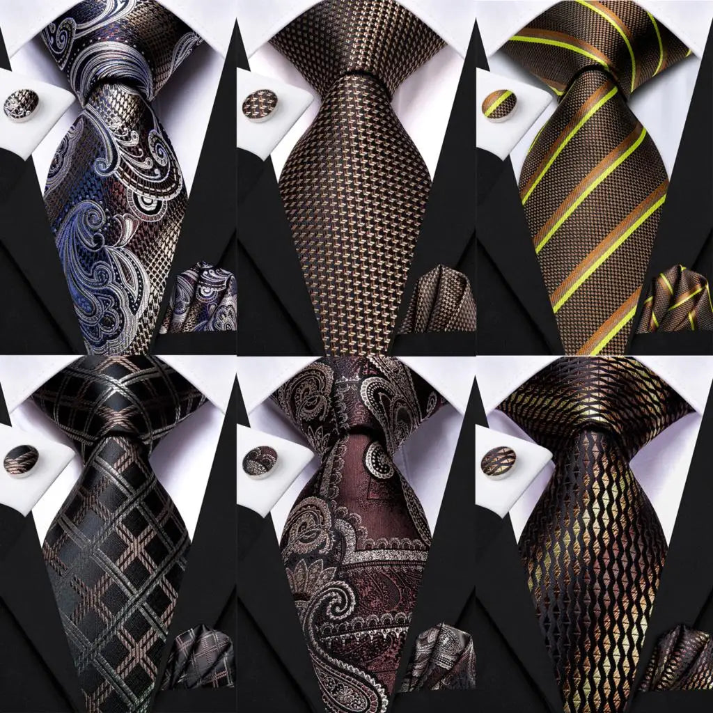 Hi-Tie Paisley Brown Tie For Men Elegant Mens Necktie Pocket Square Cufflink Groom Wedding Accessory Wholesale New Designer