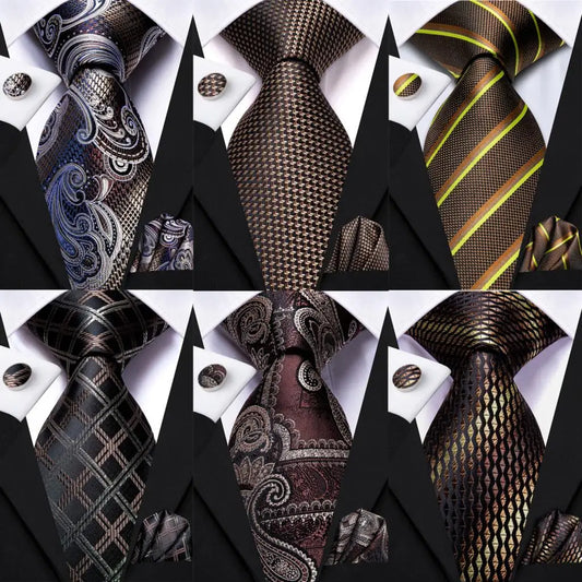 Hi-Tie Paisley Brown Tie For Men Elegant Mens Necktie Pocket Square Cufflink Groom Wedding Accessory Wholesale New Designer