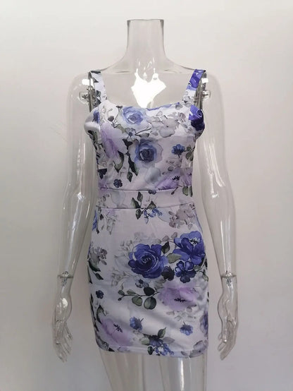 Spring Summer Printed Mini Dresses For Women Sleeveless Hollow Out Package Hip Slim Short Dress Fashion Night Club Party Vestido