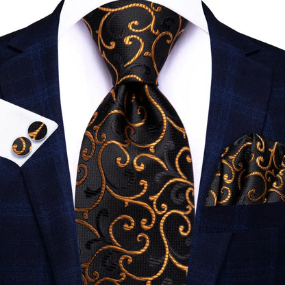 Hi-Tie Psialey Black Gold Silk Elegant Tie For Men Groom Wedding Men Necktie Pocket Square Cufflink Accessory Wholesale Designer