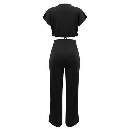 Women Casual Round Neck Drawstring Short Sleeve Top & High Waist Pants Set Summer Solid Two Piece Suit Sets Outfits Set Female