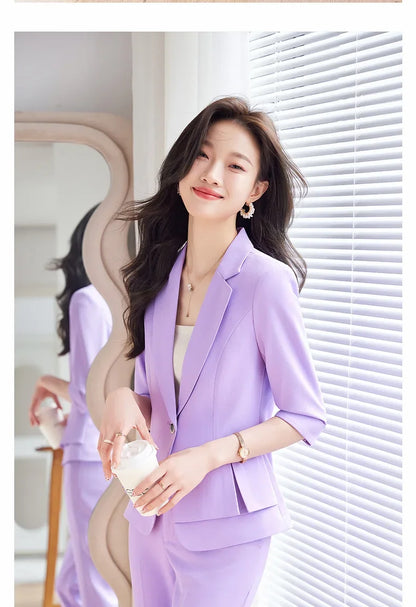 2024 Summer New Women's Petite Casual Seven-Half Sleeve Professional Workwear Purple Thin Suit Jacket Pants Set