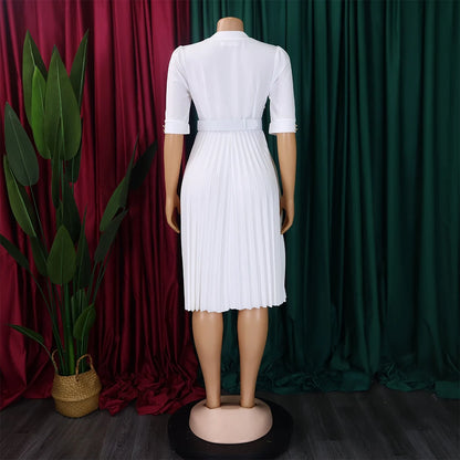 Elegant Office Pleated Dresses for Woman 2024 O Neck Buttons Belt Waisted Mid Calf Fashion Female Business Work Wear Dress Midi