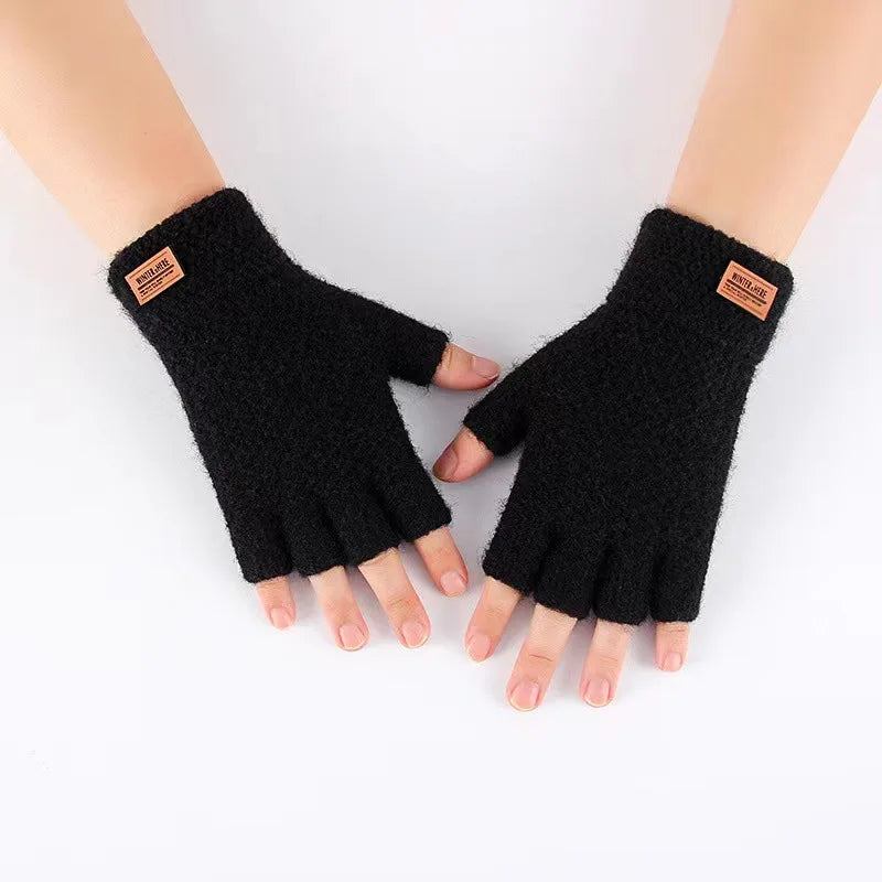 New Men Winter Wool Fingerless Gloves Half Finger Writting Office Knitted Alpaca Warm Leather Label Outdoor Thick Driving Gloves