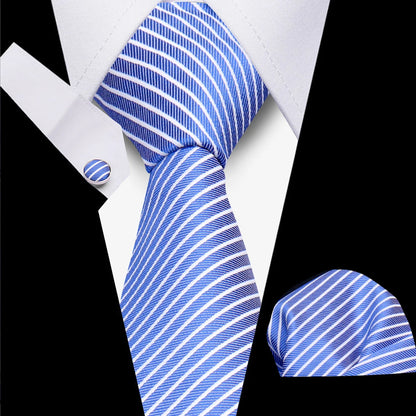 Classic Elegant Ties For Men Fashion Gifts Striped Solid Necktie Handchief Cufflink 3 Pcs Set Wedding Business Suit Accessories