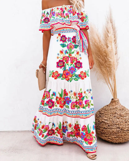 2024 Spring Summer Women's New Sexy One Shoulder Off Shoulder Fashion Red Flower Printed Lace Up Waist Long Swing Dress