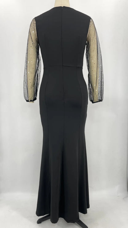 Mesh Patchwork Dress Womens Fashion Round Neck Long Sleeve Slim Elegant Dress Women
