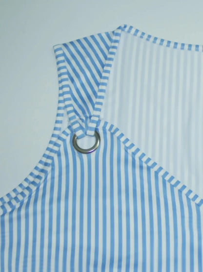New blue and white striped sleeveless V-neck pocket plus size women's dress for summer