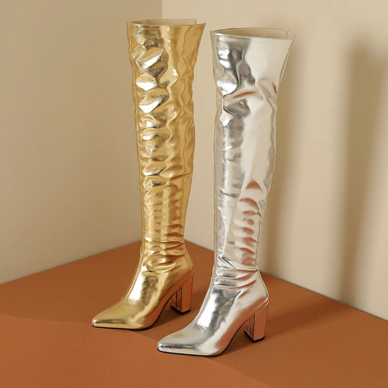 Winter Plus Size 40-45 Sexy Thigh High Boots Long Over Knee Gold Silver Block High Heel Boot Womens Shoes Pointed Toe Botas 2023