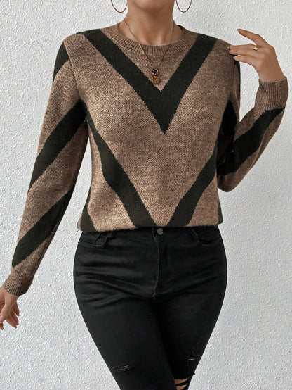 New autumn and winter geometric pattern round neck long sleeved knitted sweater
