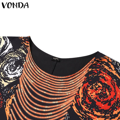 Plus Size VONDA Women Foral Printing Bohemian Maxi Dress 2025 Causal Puff Sleeve Sundress Holiday Eelgant Vestido NO Tassel
