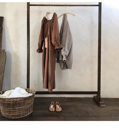 2025 New Spring Cotton Linen Dress for Women Solid Long Sleeve Drawstring Office Lady Elegant Maxi Dress