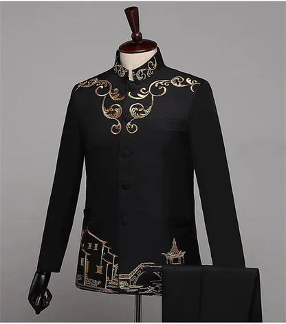 New Men Standing Collar Embroidered Suit 2 Piece Fashion Male Business Social Wedding Prom Stage Performance Dress Blazer Pant