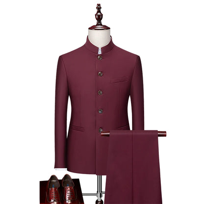 Men's Casual Business Suit (suit + Trousers) Stylish and Handsome with The Trend of Standing Collar Zhongshan Suit Two-piece Set