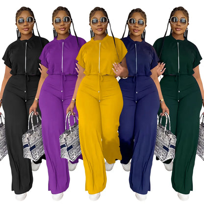 Women Casual Round Neck Drawstring Short Sleeve Top & High Waist Pants Set Summer Solid Two Piece Suit Sets Outfits Set Female