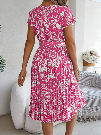 Spring Summer Elegant Flower Print Dress Short Sleeve Folded Dresses for Women Mother's Day