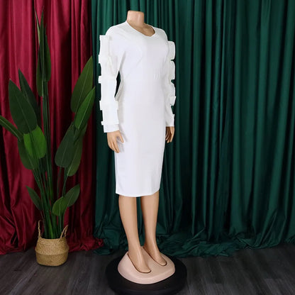 Elegant Office Dresses for Woman 2024 New O Neck Petal Sleeve Sheath Package Hips Mid Calf Formal Business Work Wear Dress Midi