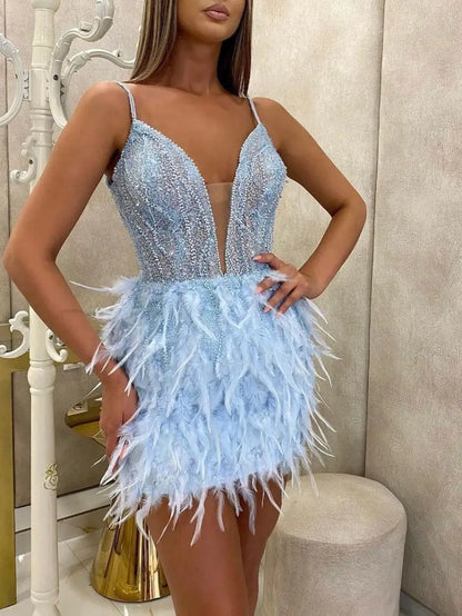 Elegant Blue Short Feather Dress Sexy Ladies Banquet Evening Dress Bodycon Bandage Streetwear Party Elegant Autumn Winter Club