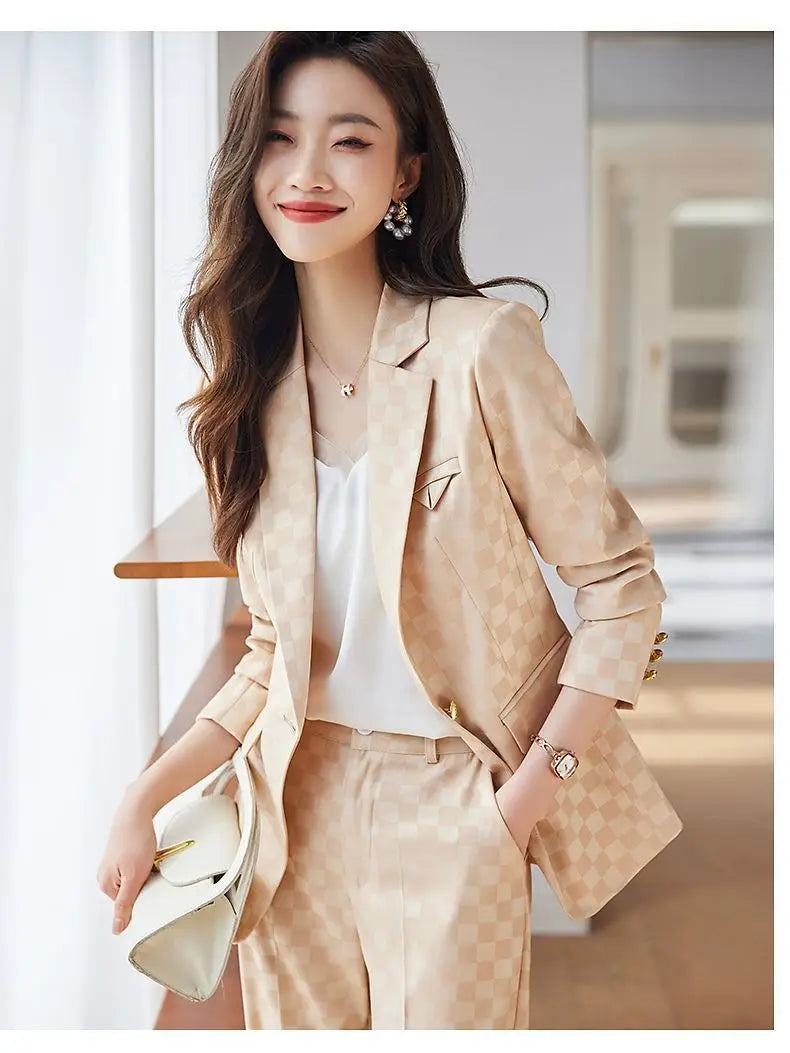 Women's Spring Autumn New Fashion Plaid Professional Suit Jacket Matching Set Korean Elegant Casual Blazers Pants Two Piece