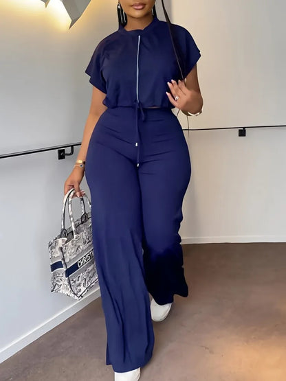 Women Casual Round Neck Drawstring Short Sleeve Top & High Waist Pants Set Summer Solid Two Piece Suit Sets Outfits Set Female
