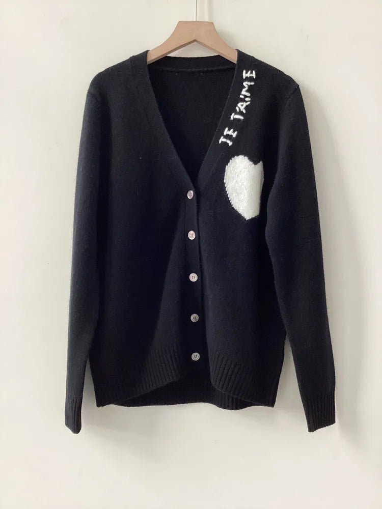 100% Cashmere Female Loose V-Neck Long Sleeve 3 Colors Cardigan Coat Women Heart Shaped Letter Embroidery Sweater Autumn 2023