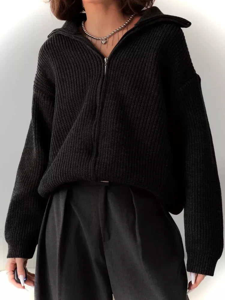Zipper Knitted Sweaters for Women Autumn Winter New Thicken Warm Jumpers Casual Simple Solid Color Women's Oversized Pullovers