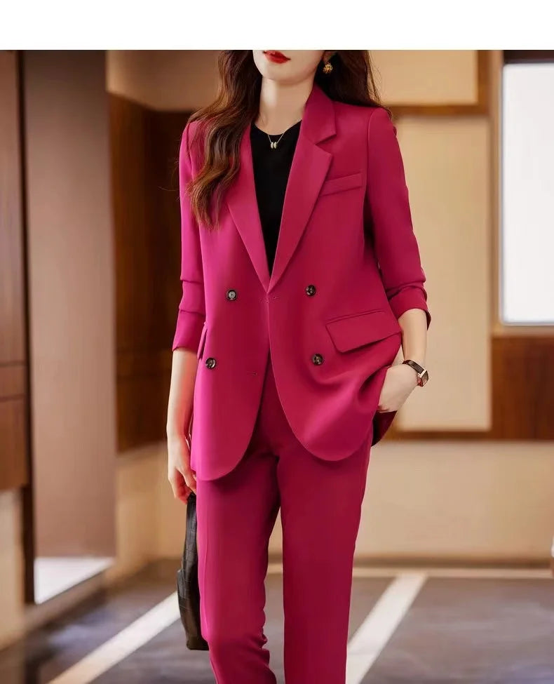 Two-Piece Suit Set in Raspberry Casual Sle for Women Long Sve Profional Pantsuit Polyester Fiber 00%
