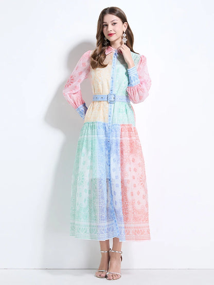 Spring Summer 2025 New Women Fashion Rainbow Print Elegant Shirt Long Dresses Vintage Single Breasted Party Dress Bohemian Trend