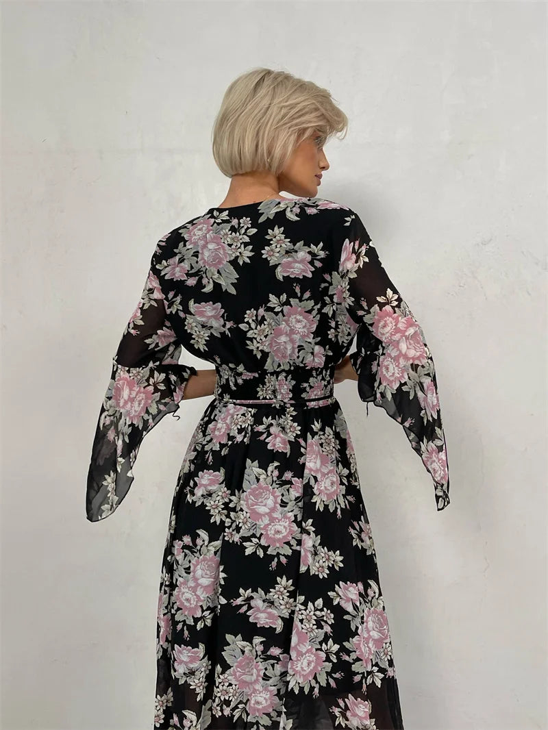 Elegant Bodycon Chiffon Maxi Dress Women Bandage Sexy Side Slit Beach Dress White Pink Floral Summer Long Dresses For Women 2024