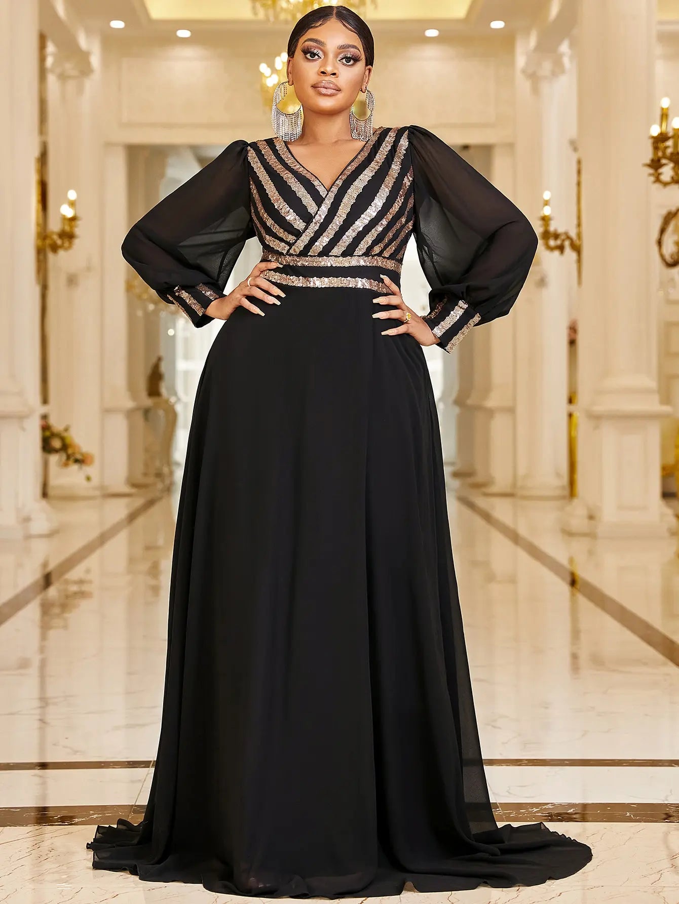 Plus Size V Neck Stripe Sequined Chiffon Dress 5XL 6XL Big Size Black Maxi Long Sleeve Spring Gold Stripe Luxury Evening Dresses
