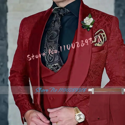 Jacquard Men's 3-piece Suit Set Formal Party Dress Groom Tuxedo High Quality Elegant Men Terno Masculino  Costume Homme Mariage