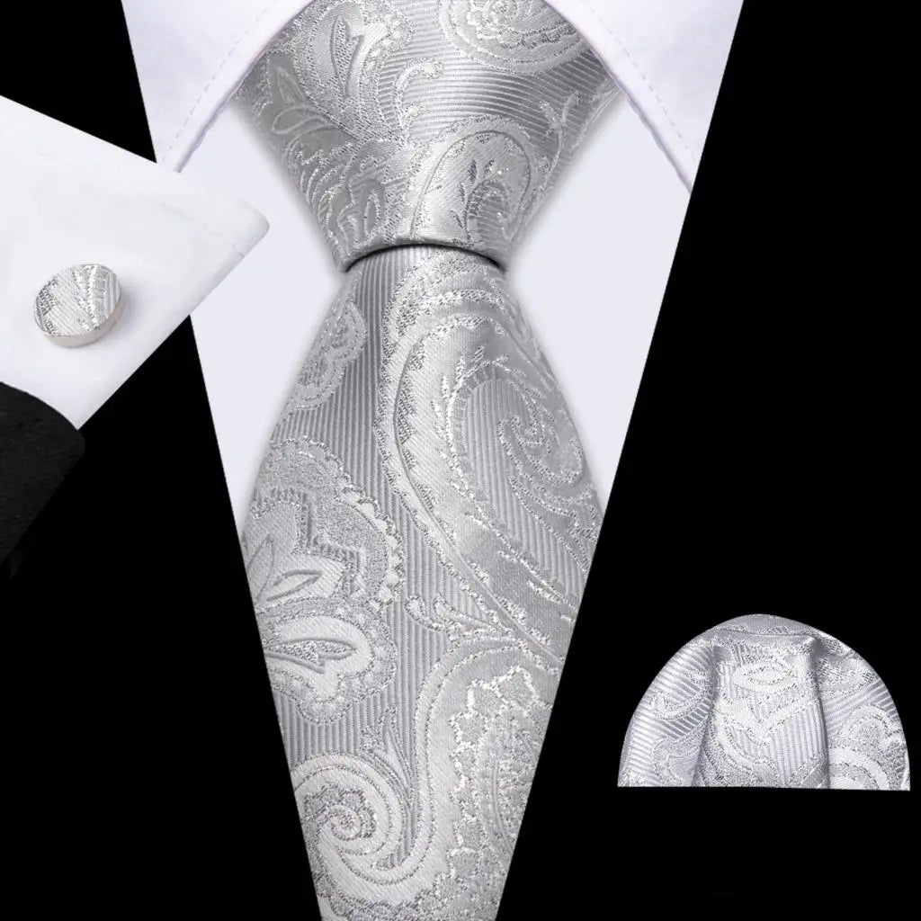 Barry.Wang Black White Gray Silver Silk Men Tie Handkerchief Cufflinks Set Jacquard Necktie for Male Wedding Business Party Gift