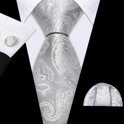 Barry.Wang Black White Gray Silver Silk Men Tie Handkerchief Cufflinks Set Jacquard Necktie for Male Wedding Business Party Gift