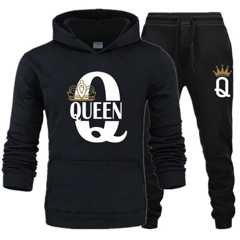 2024 New Autumn and Winter Men's and Women's Sweater Set KING QUEEN Loose Relaxed Hooded Print Couple Set