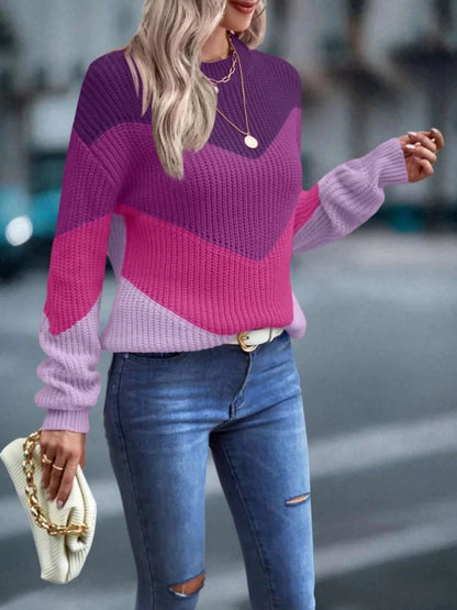 Knit Sweaters Women Jumpers Striped Print Round Neck Streetwear Pullover Top Casual Long Sleeve Warm Sweater Autumn Winter