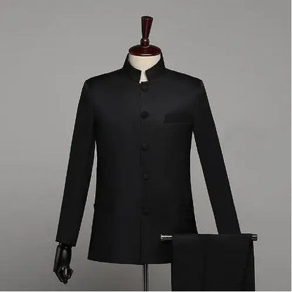 New Men Standing Collar Embroidered Suit 2 Piece Fashion Male Business Social Wedding Prom Stage Performance Dress Blazer Pant