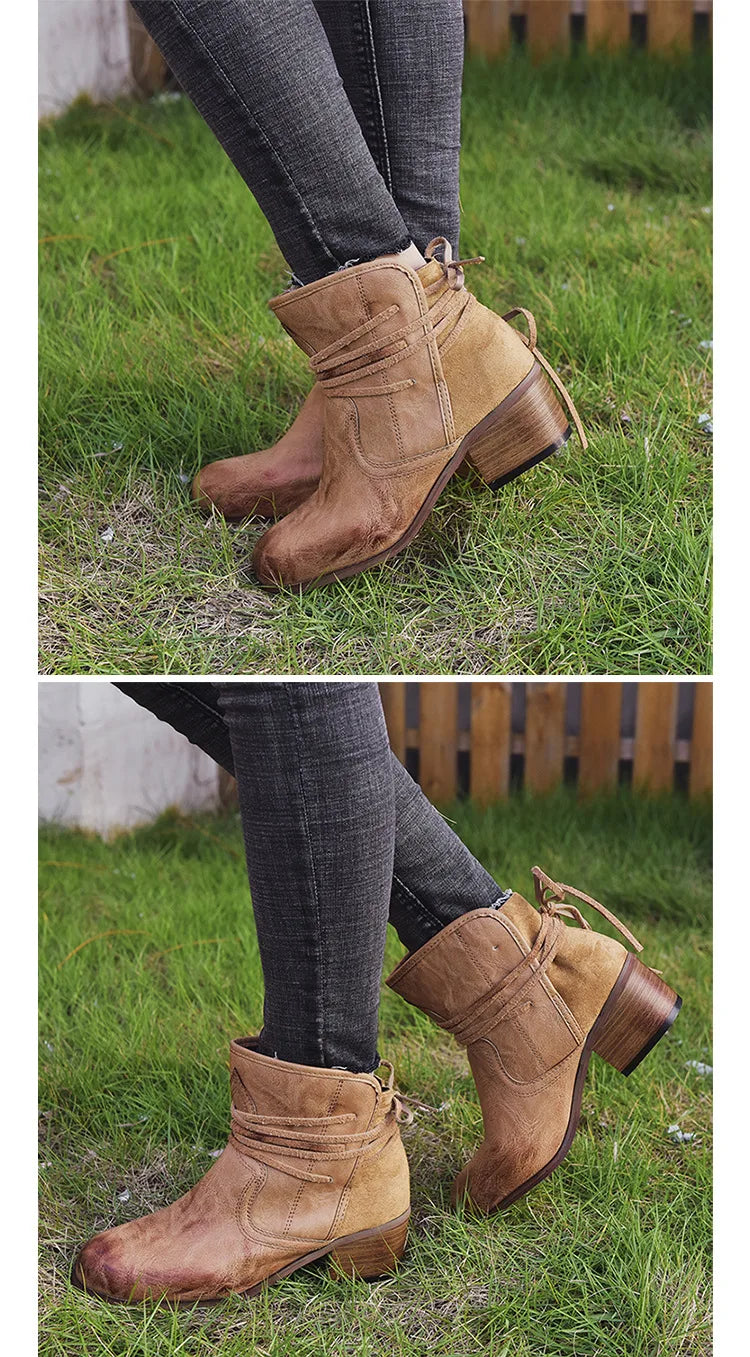 Women Boots 2022 Autumn Vintage Boots Women Chunky Heels Lace-up Booties  Heeled Ankle Boots Botas De Mujer