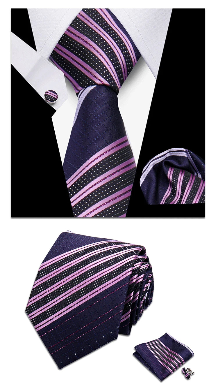 Classic Elegant Ties For Men Fashion Gifts Striped Solid Necktie Handchief Cufflink 3 Pcs Set Wedding Business Suit Accessories