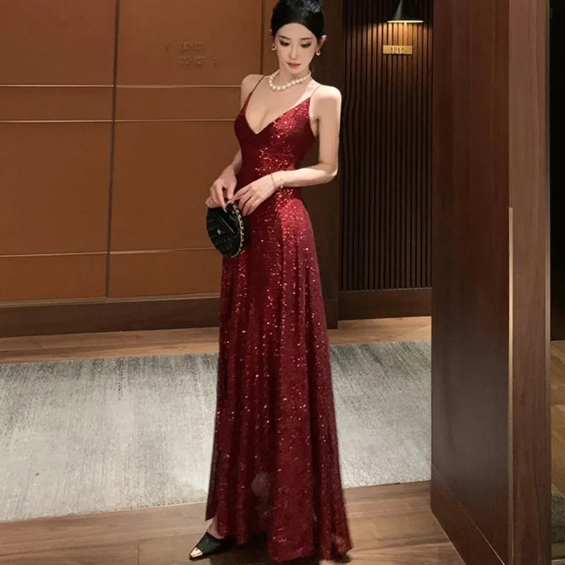 Sexy Backless Sequined Maxi Dresses for Women V-neck Lace-up High Split Evening Luxury Dress Fashion Birthday Party Prom Robe